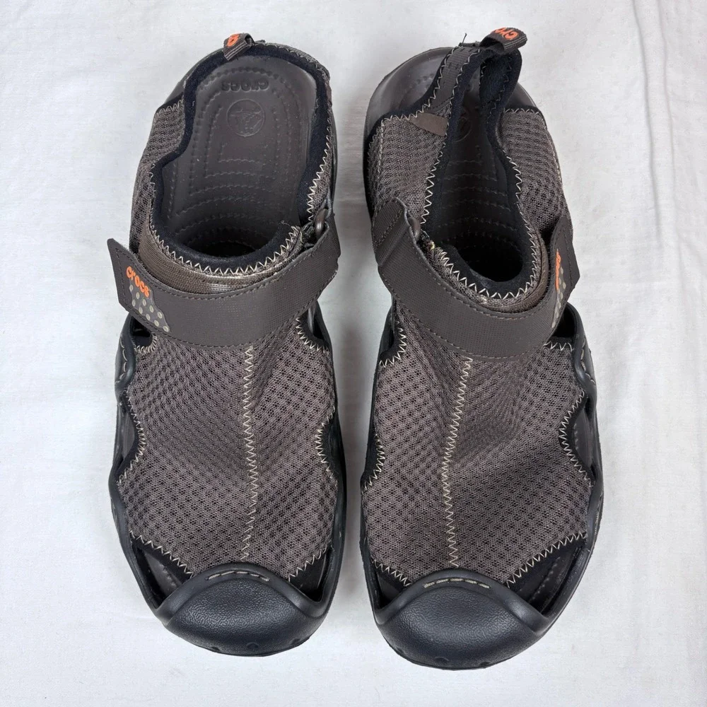 Crocs Swiftwater Mesh Deck Fisherman Sandals Men 12 Brown Water Shoes 15041 EUC